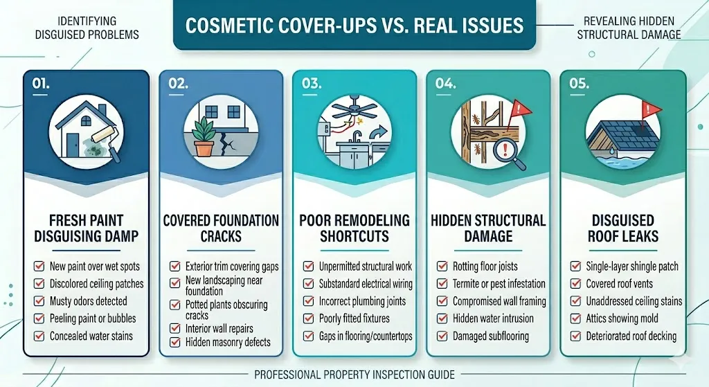 Infographic explaining how fresh paint uneven flooring and poor remodeling can hide deeper structural or water damage problems in a home