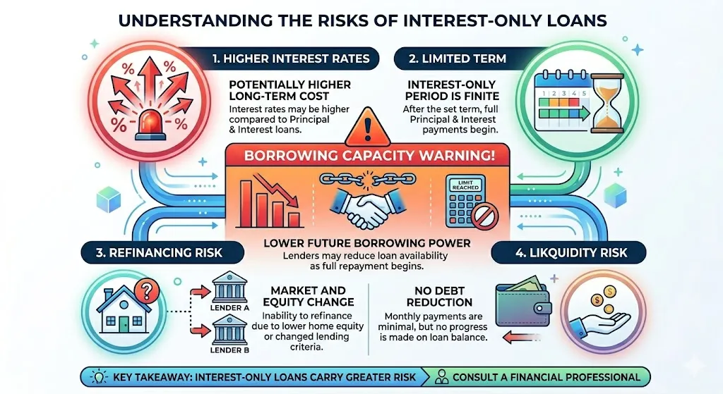Infographic outlining risks of interest-only loans including higher interest rates, limited loan periods, refinancing pressure, and reduced borrowing capacity