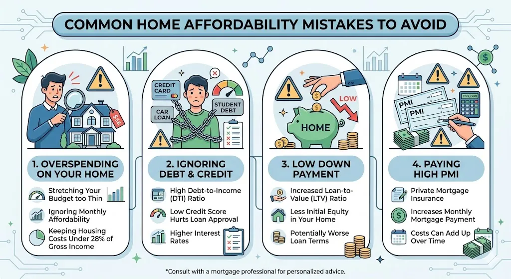 Infographic listing common home buying mistakes including overspending ignoring debts low down payment and underestimating total housing costs