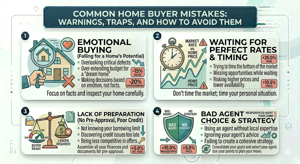 Infographic showing common home buying mistakes including waiting for perfect rates lack of preparation emotional decisions and poor team selection