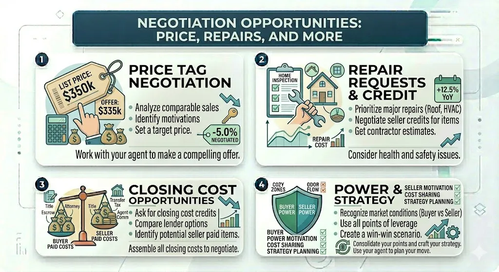 Infographic explaining how buyers can negotiate price closing costs repairs credits and timelines in the 2026 housing market