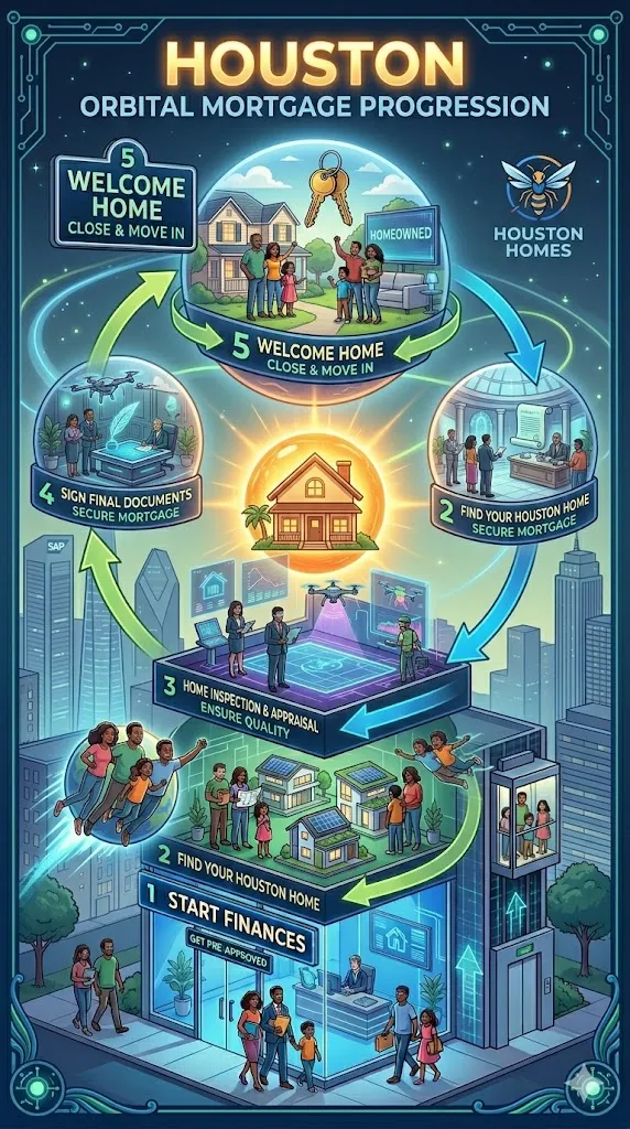 Step-by-step infographic showing how to buy a home in houston including credit check, pre-approval, budgeting, and loan options.