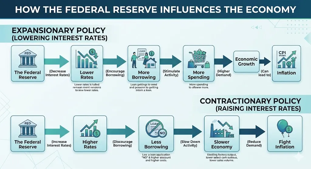 Infographic showing how Federal Reserve interest rate changes affect borrowing, spending, and inflation in the economy