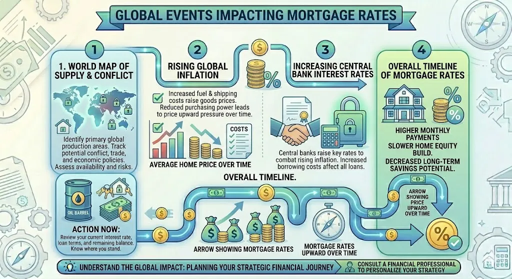 Infographic showing how geopolitical events and rising oil prices increase inflation and influence mortgage rates through global economic impact