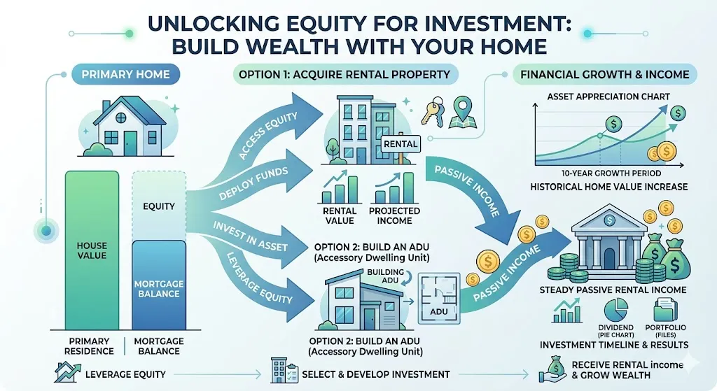 Infographic illustrating how cash-out refinance funds are used for rental properties, ADUs, and real estate investments to generate income and build wealth