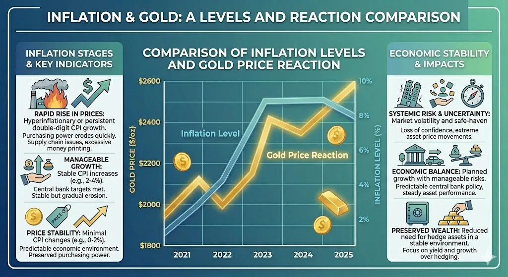 Infographic showing how different inflation levels impact gold prices including high inflation spikes and moderate inflation stagnation