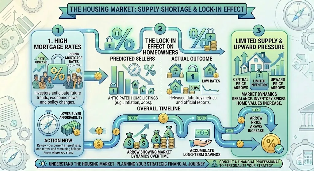 Infographic showing how low housing inventory and the lock-in effect from low mortgage rates keep home prices high despite rising interest rates