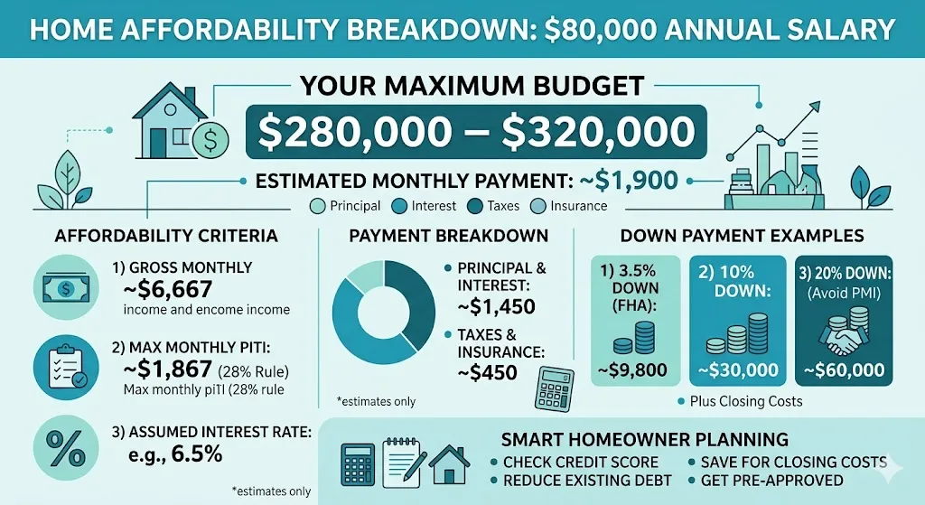 Person reviewing mortgage calculations on a laptop to determine how much house they can afford on an 80k salary.