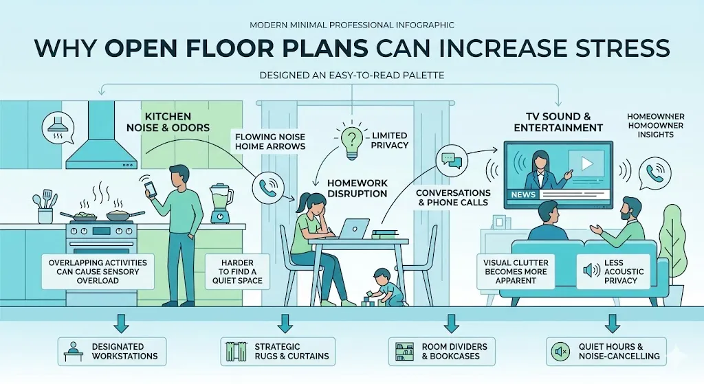 Infographic showing noise, distractions, and privacy issues in an open floor plan home layout.
