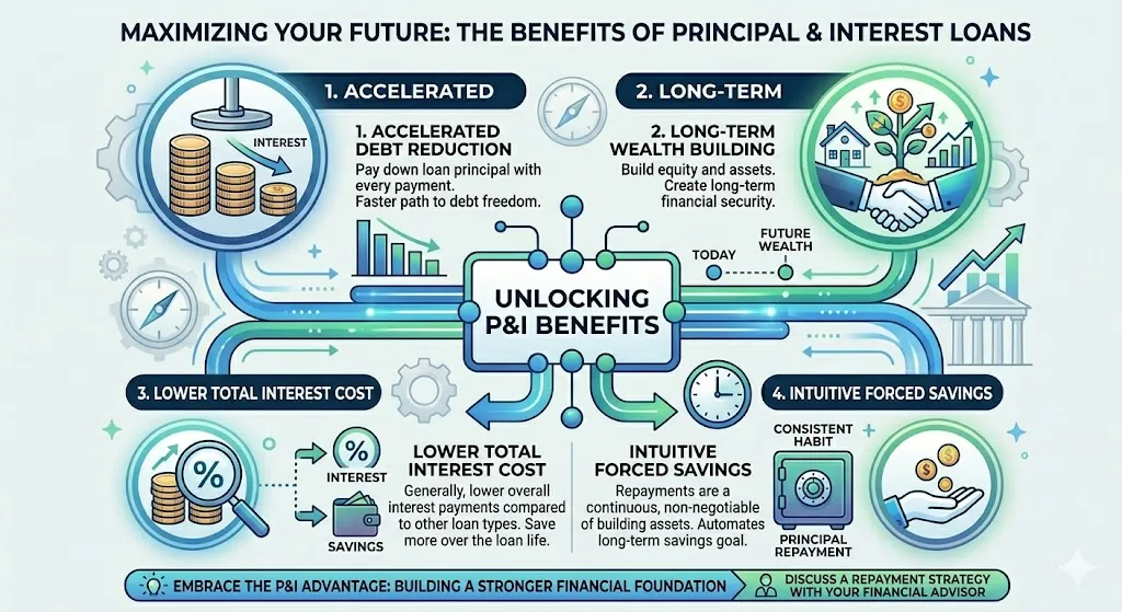 Infographic showing how principal and interest loans help reduce debt, build equity, and act as forced savings for property investors