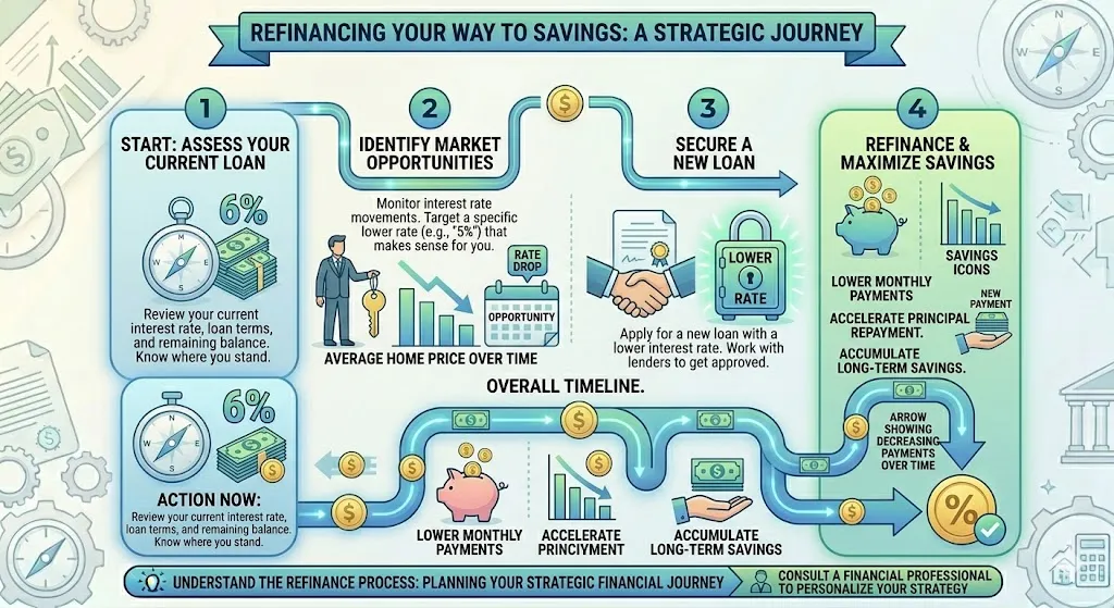 Infographic illustrating how homeowners can refinance their mortgage multiple times to reduce interest rates and monthly payments over time