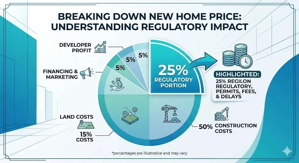 Infographic showing how permits, fees, and delays increase the total cost of building a home.