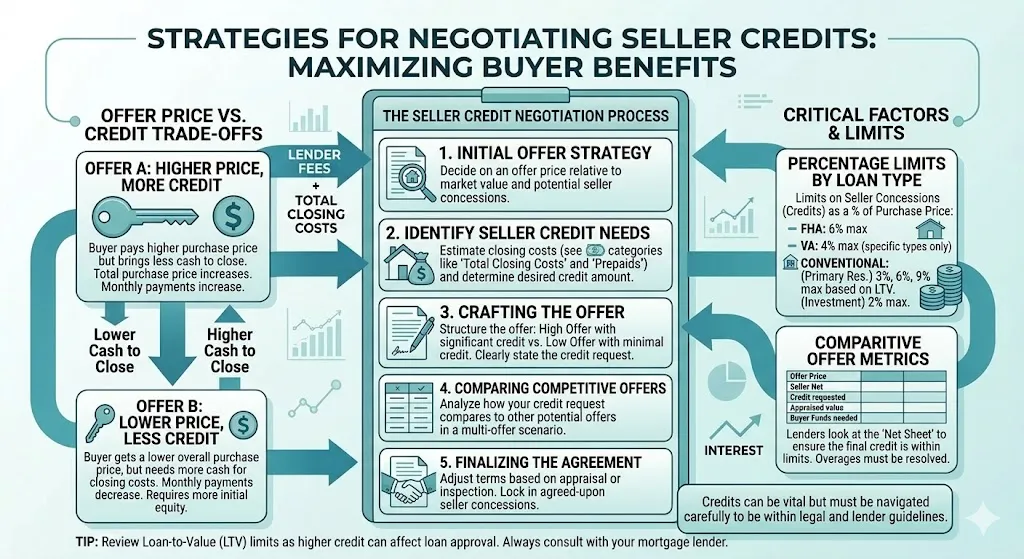 Infographic explaining how seller concessions work, including percentage limits by loan type and how buyers can negotiate credits to cover closing costs