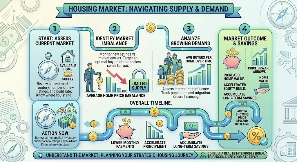 Infographic explaining how low housing supply and increasing buyer demand push home prices higher even when interest rates fluctuate