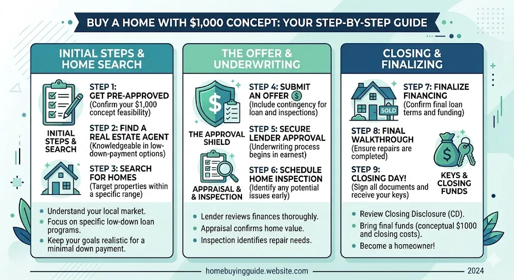 Infographic explaining how buyers can purchase a home with minimal upfront cost including appraisal, inspection, and lender-backed loans
