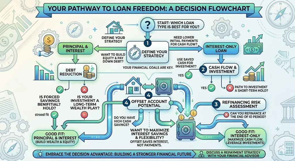 Step-by-step infographic helping investors decide between interest-only and principal and interest loans based on cash flow, goals, and financial strategy