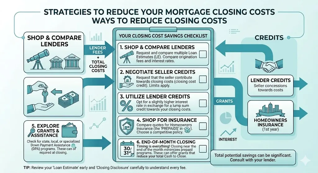 Infographic listing strategies to reduce closing costs including shopping lenders, negotiating seller credits, using lender credits, choosing insurance, and timing your closing date