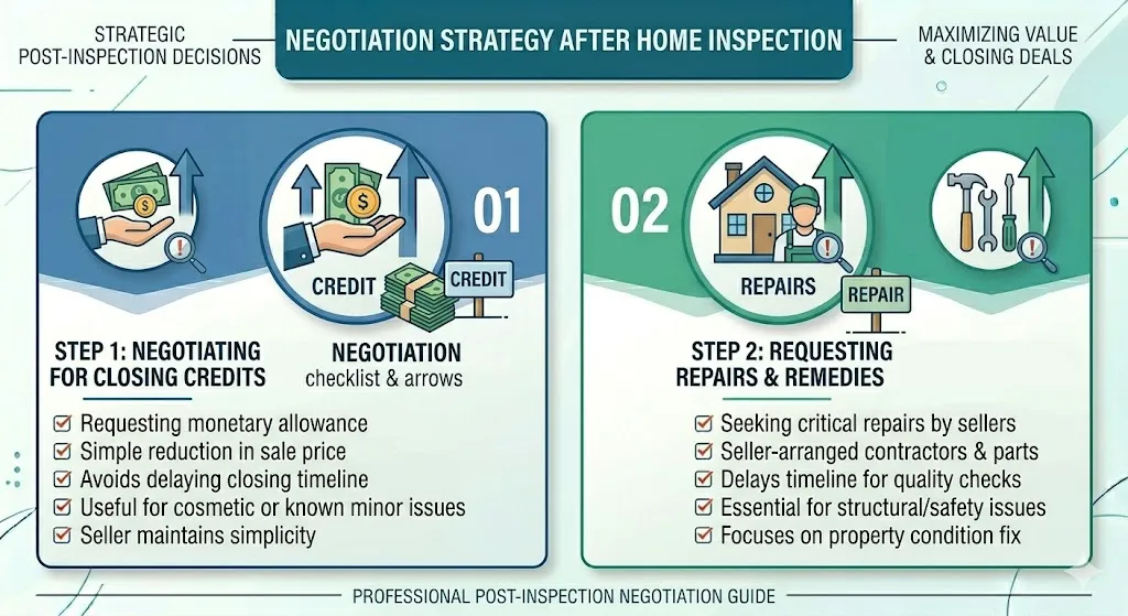 Infographic explaining how to negotiate after a home inspection by focusing on major repairs requesting credits and avoiding minor cosmetic demands