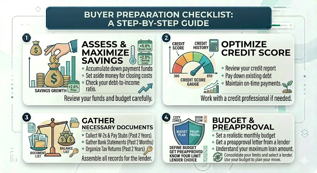 Infographic showing home buying preparation steps including savings down payment credit improvement preapproval and budgeting strategies