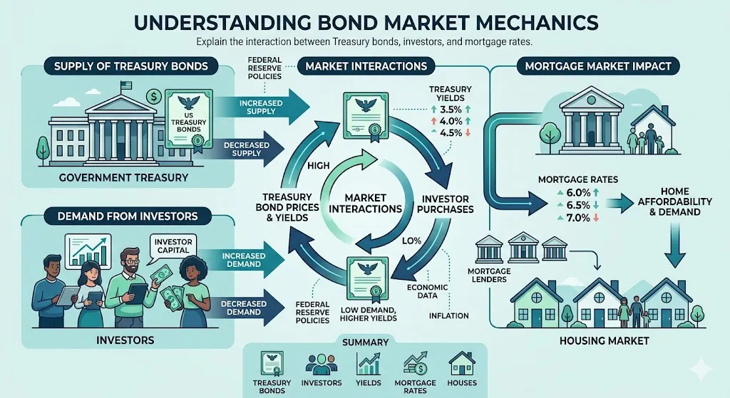 Infographic illustrating how 30-year treasury yields influence mortgage rates through investor demand and bond markets
