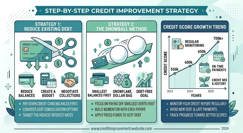 Infographic showing strategies to improve credit score including paying down debt, negotiating collections, and using the snowball method