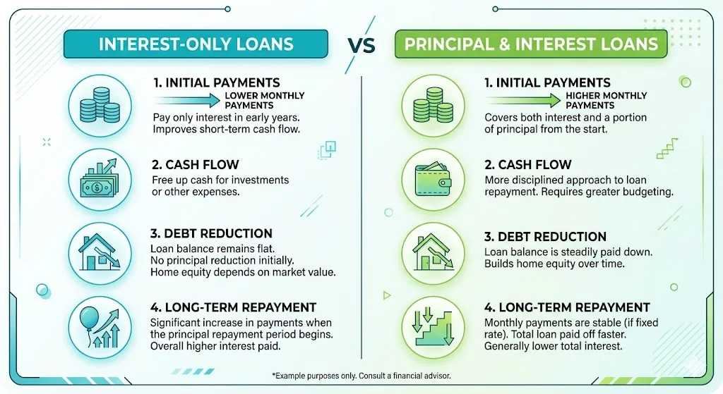 Infographic comparing interest-only and principal and interest loans including cash flow, repayments, and long-term impact for property investors
