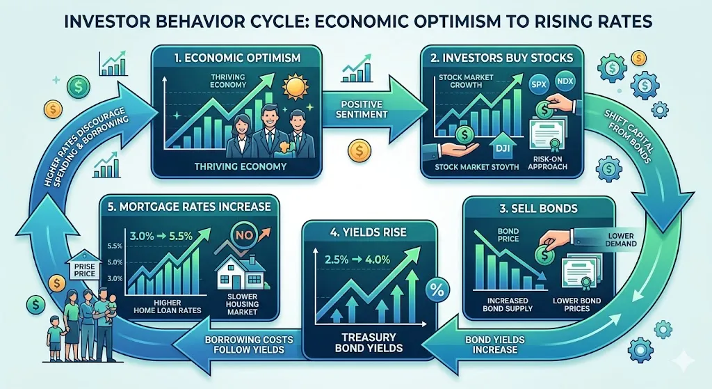 Infographic showing how investor shifts from bonds to stocks impact treasury yields and mortgage rates