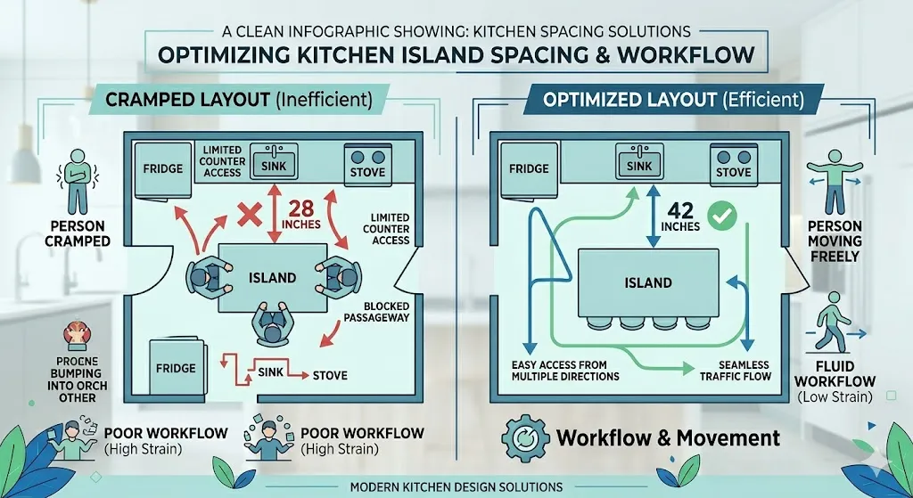 Infographic showing correct kitchen island spacing, common layout mistakes, and how poor design affects movement and usability