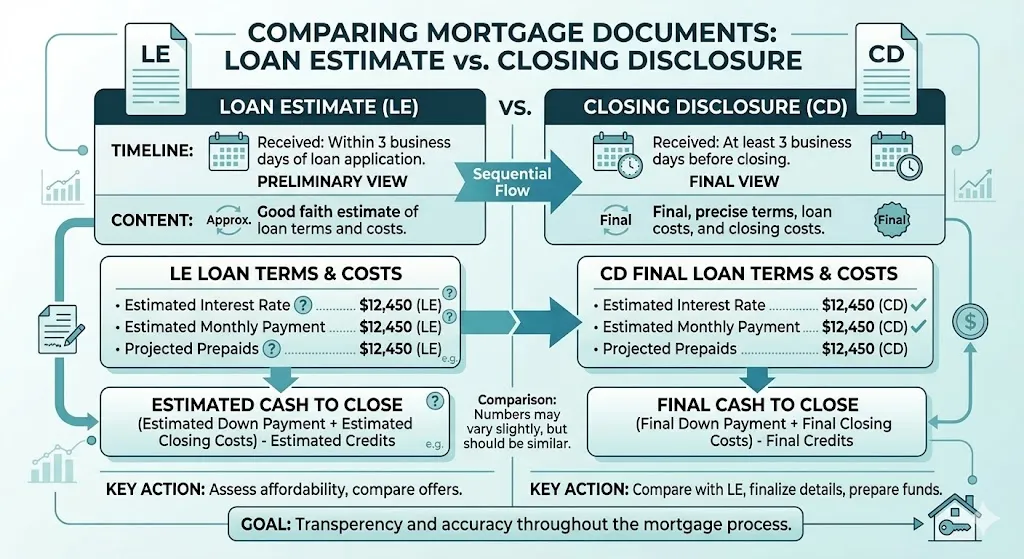 Infographic comparing loan estimate and closing disclosure showing estimated vs final costs, timing, and how fees become more accurate before closing