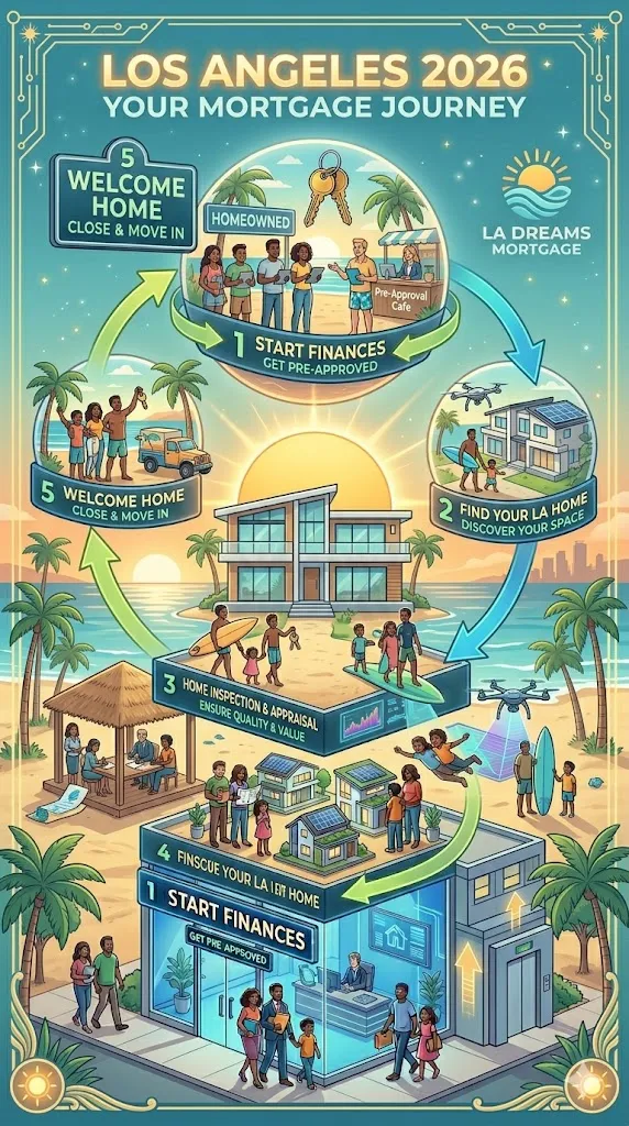 Circular infographic of Los Angeles mortgage journey showing five steps around a modern home with beach background