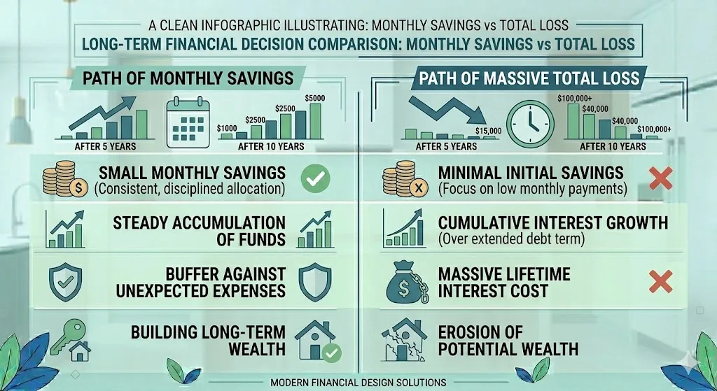 Infographic showing how small monthly savings from a 50-year mortgage lead to significantly higher total interest payments over time