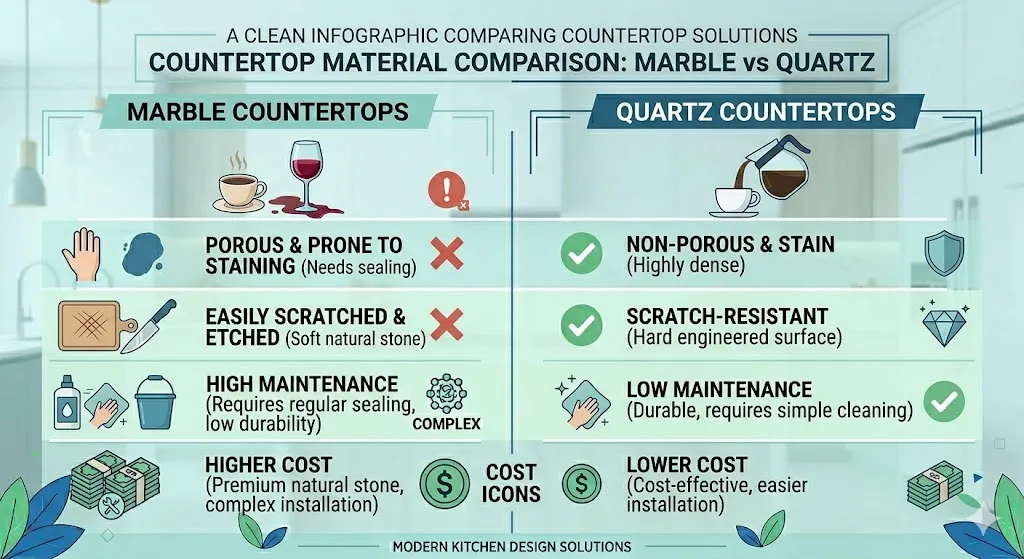 Infographic comparing marble and quartz countertops highlighting durability, maintenance requirements, stain resistance, and long-term value