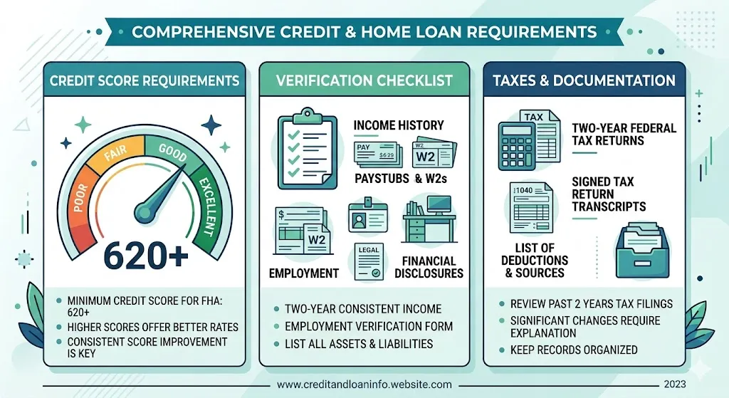 Infographic showing minimum credit score of 620, employment history, and income requirements for FHA and USDA home loans