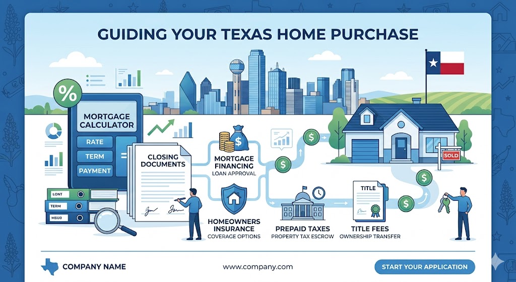 Use a Texas mortgage closing costs calculator to estimate lender fees, title costs, prepaid taxes, insurance, and cash to close.