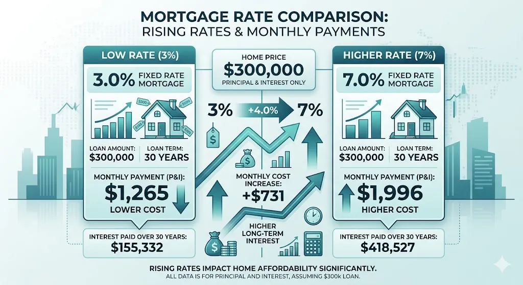 Infographic comparing mortgage payments at 3 percent and 7 percent interest rates showing how higher rates increase monthly housing costs significantly