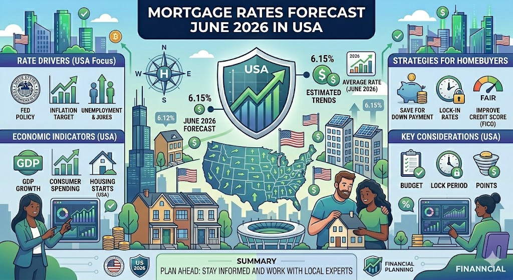 Mortgage rates forecast June 2026 in USA: Expert predictions, local impacts, and tips for home buyers. See how June 2026 rates may affect your monthly payment and buying power.