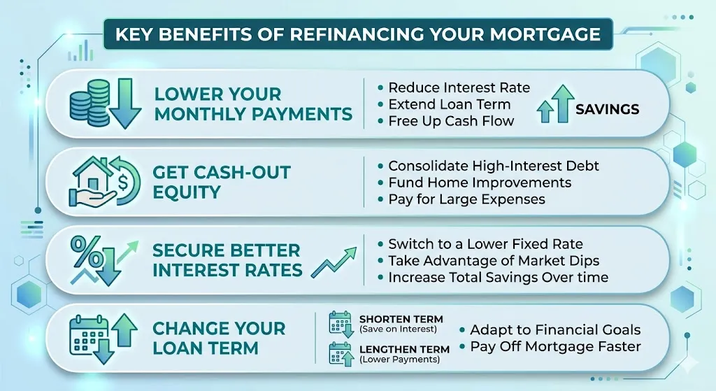 Infographic highlighting benefits of mortgage refinancing including lower payments, cash-out options, and interest savings