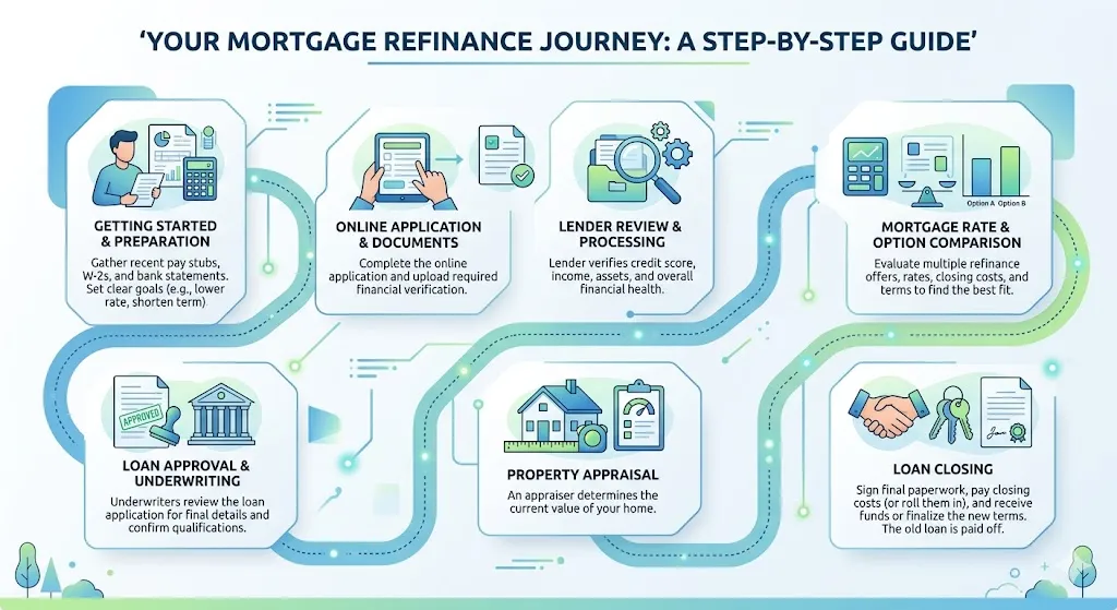 Step-by-step infographic explaining the mortgage refinance process from application to closing