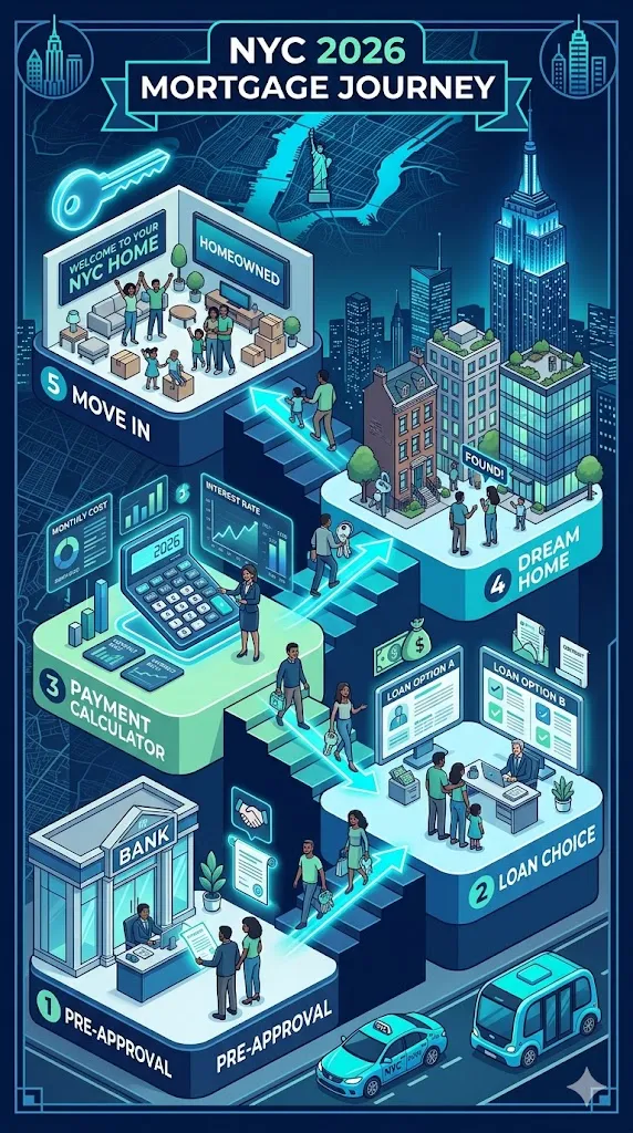 New York City night skyline infographic showing five step mortgage journey from pre-approval to move in for homebuyers