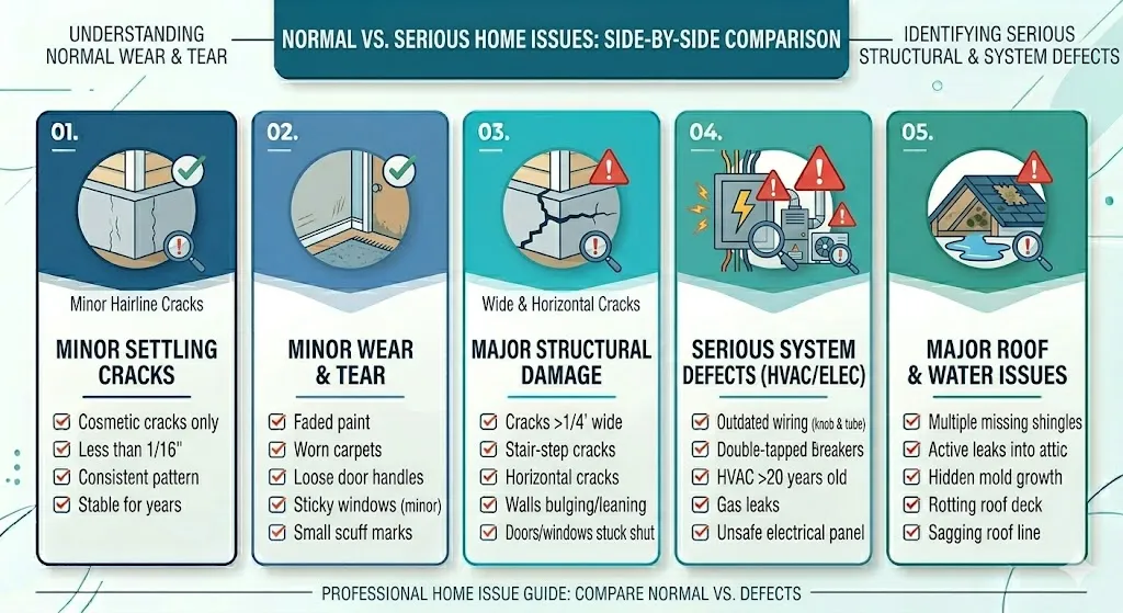 Infographic comparing normal home inspection findings like minor cracks and cosmetic wear versus serious issues such as structural damage plumbing failures and roof problems