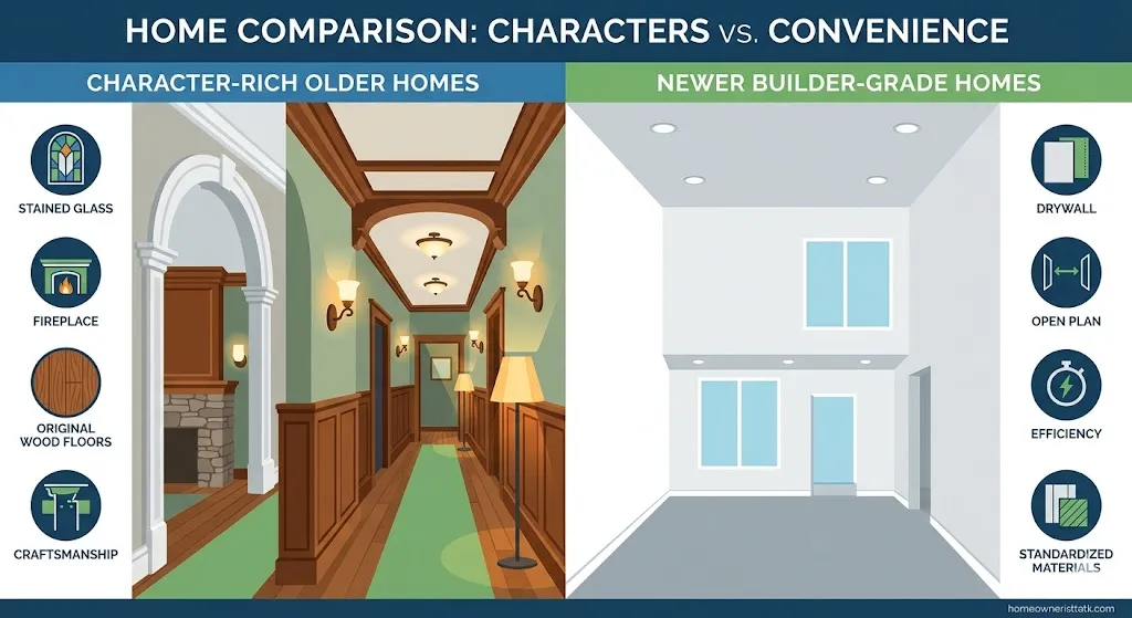 Infographic comparing warm older-home details like trim and archways with flat modern builder-grade interiors.