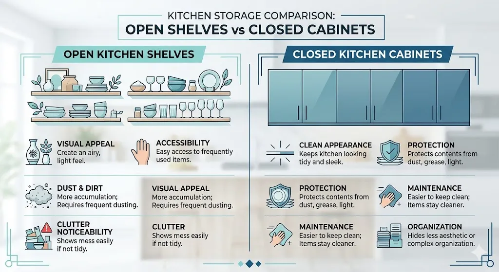 Infographic illustrating pros and cons of open kitchen shelving including dust buildup, constant cleaning, and clutter versus organized closed cabinets