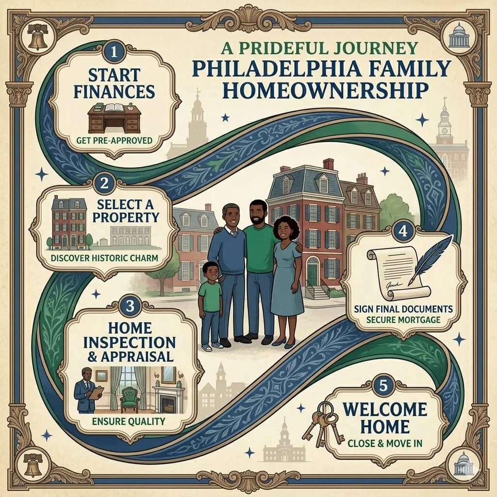 Elegant Philadelphia infographic with five step mortgage flow and historic homes showing home buying process
