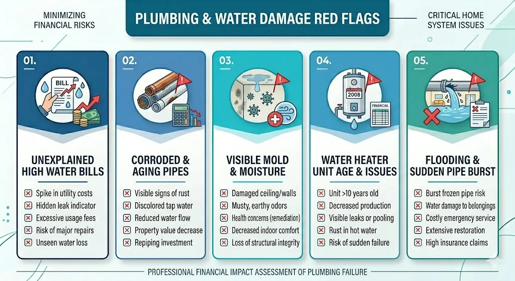 Infographic showing signs of plumbing issues including old pipes leaks mold water damage and aging water heaters that may require replacement