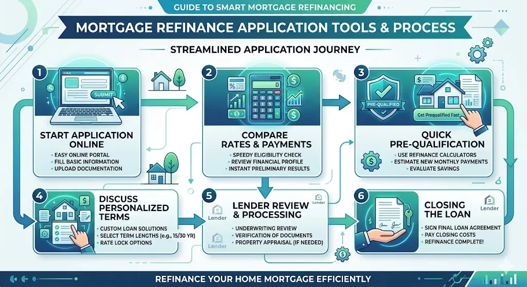 Infographic illustrating refinance application flow: online pre-qual, calculators for rates and payments, quick tools from lenders like Rocket Mortgage and LendingTree, step icons in blue-green educational layout