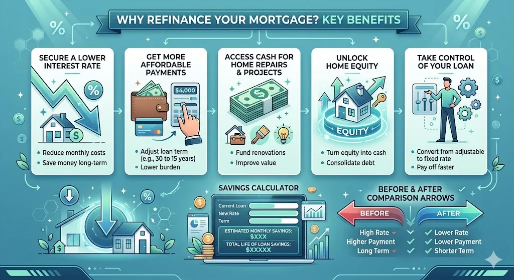 Educational infographic showing refinance advantages: lower interest rates icon, affordable payments, cash for projects, home equity access, rate comparison arrows, savings calculator symbols in professional blue-green design