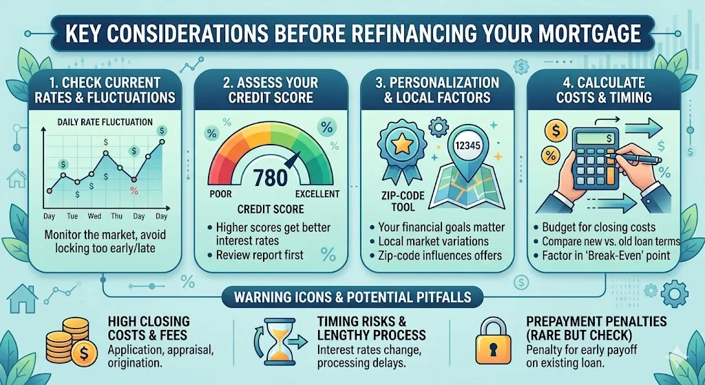 Infographic highlighting refinance considerations: fluctuating interest rates chart, credit score icons, personalized terms, zip-code specific lenders, calculators, and daily rate check reminder in blue-green finance style