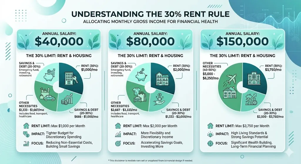 Rent affordability based on income rule Infographic showing how much rent you can afford using the 30 percent rule with salary examples 40000 80000 and 150000 including monthly breakdowns