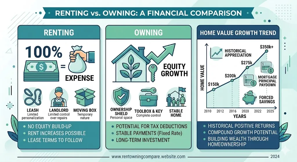 Infographic comparing renting versus owning a home showing equity growth, appreciation, and long-term financial benefits