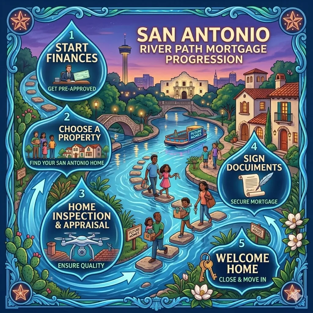 Curved river style infographic showing San Antonio mortgage steps with families moving toward homes